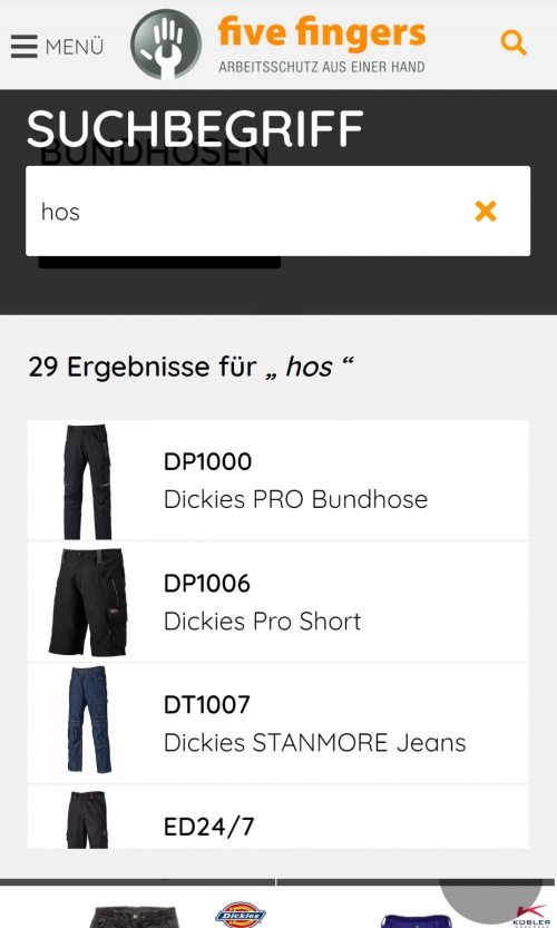 Mobile Ansicht Suche